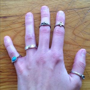 5 pack of silver boho style rings multiple sizes